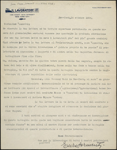 Vittorio Vidali typed letter signed to Bartolomeo Vanzetti, New York, 14 October 1926
