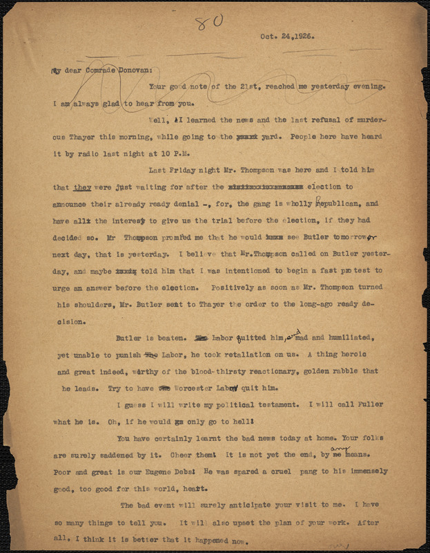 Bartolomeo Vanzetti typed letter (copy) to Mary Donovan, [Charlestown], 24 October 1926