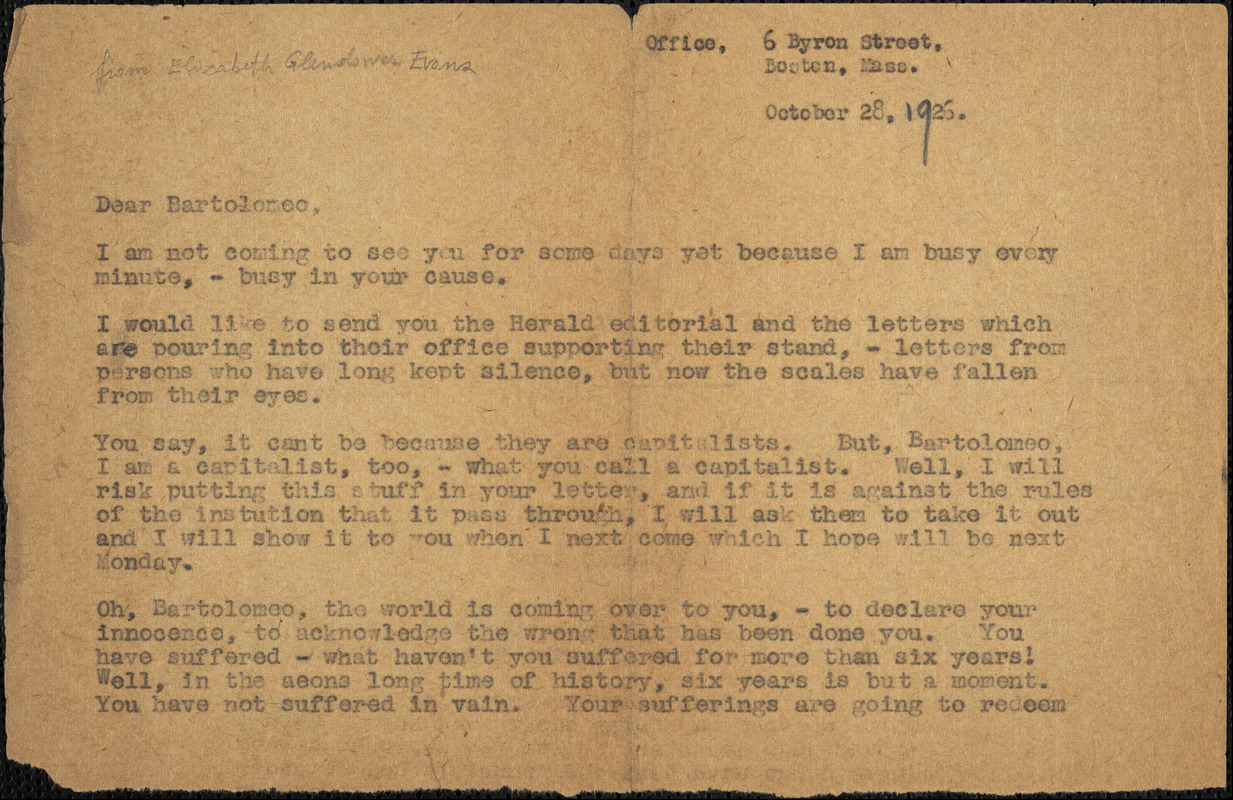 Elizabeth Glendower Evans typed letter (copy) to Bartolomeo Vanzetti, Boston, 28 October 1926