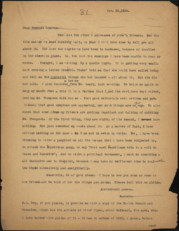 Vanzetti. Bartolomeo, typed letter (copy) to Mary Donovan, [Charlestown], 28 October 1926