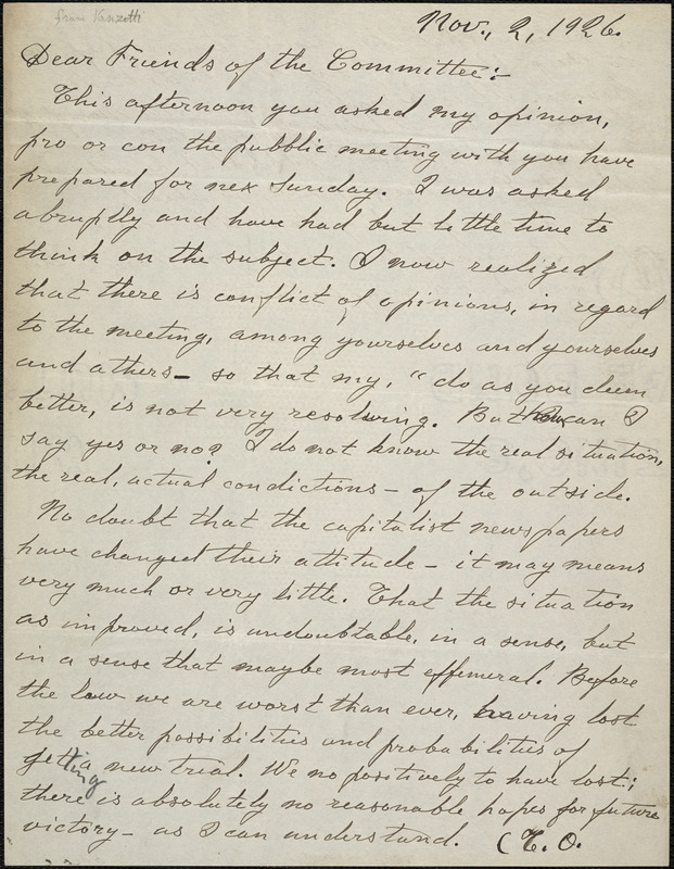 Bartolomeo Vanzetti typed letter to the Sacco-Vanzetti Defense Committee, [Charlestown], 2 November 1926