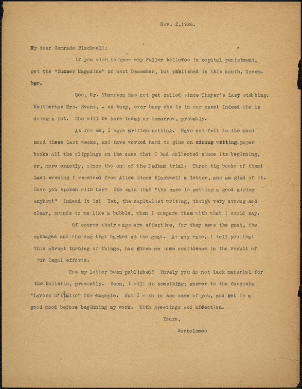 Bartolomeo Vanzetti typed letter (copy) to Alice Stone Blackwell, [Charlestown], 2 November 1926