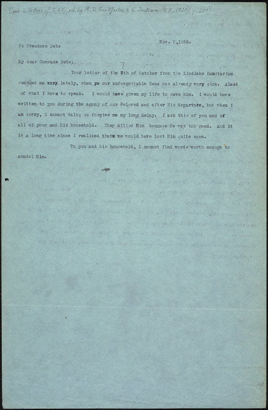 Bartolomeo Vanzetti typed note (copy) to Theodore Debs, [Charlestown], 3 November 1926
