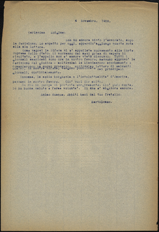 Bartolomeo Vanzetti typed letter (copy) to Luigia Vanzetti, [Charlestown], 4 November 1926