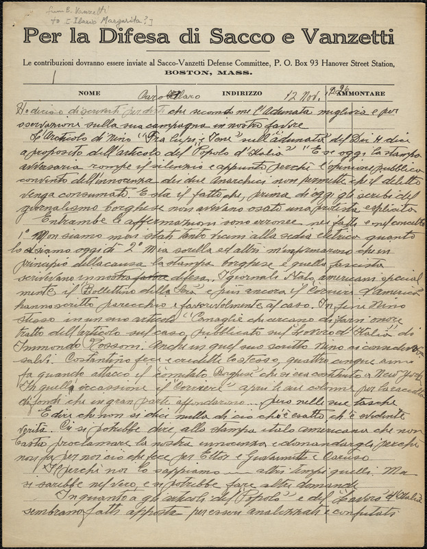 Bartolomeo Vanzetti autographed letter signed to [Ilrio Margarita?], [Charlestown], 12 November 1926