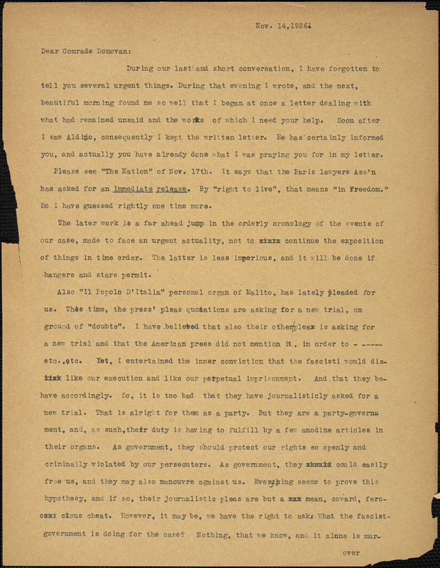 Bartolomeo Vanzetti typed letter (copy) to Mary Donovan, [Charlestown], 14 November 1926