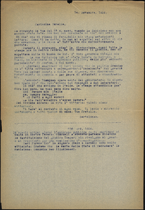 Bartolomeo Vanzetti typed letter (copy) to Luigia Vanzetti, [Charlestown], 14 November 1926