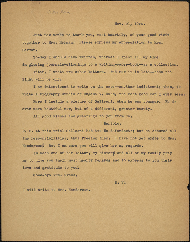 Bartolomeo Vanzetti typed letter (copy) to [Elizabeth Glendower Evans], [Charlestown], 21 November 1926