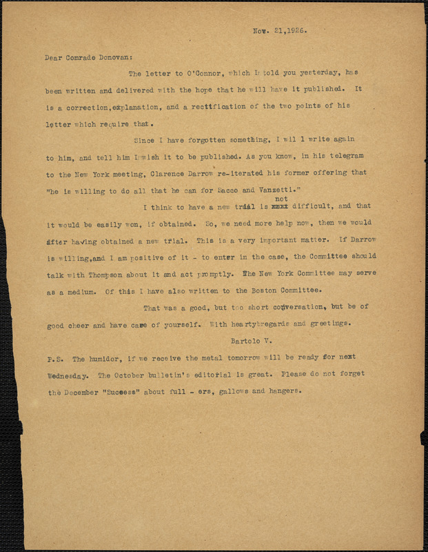 Bartolomeo Vanzetti typed letter (copy) to Mary Donovan, [Charlestown], 21 November 1926