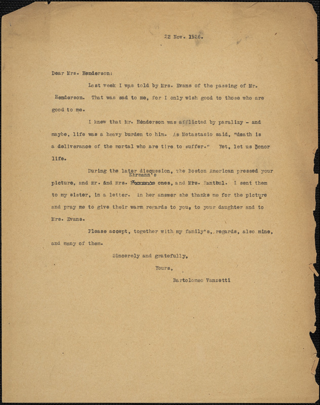Bartolomeo Vanzetti typed letter (copy) to Jessica Henderson, [Charlestown], 22 November 1926