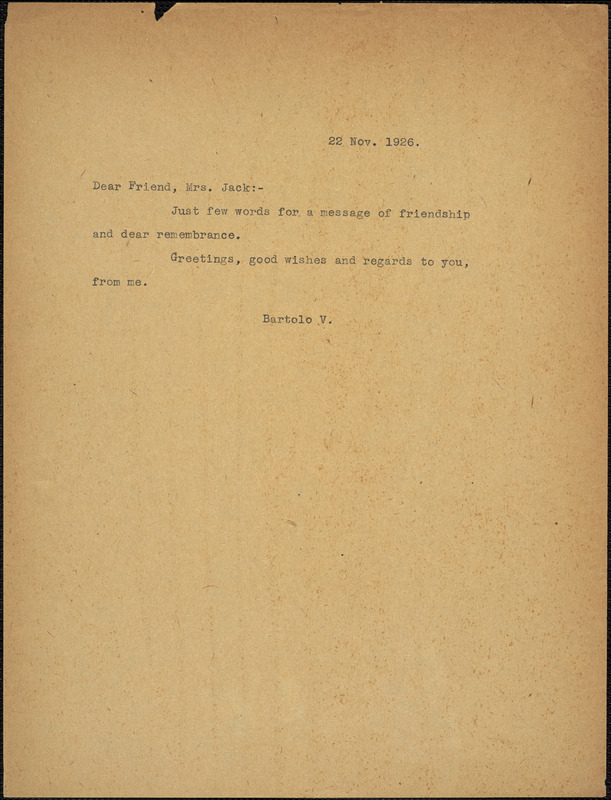 Bartolomeo Vanzetti typed note (copy) to Cerise Jack, [Charlestown], 22 November 1927
