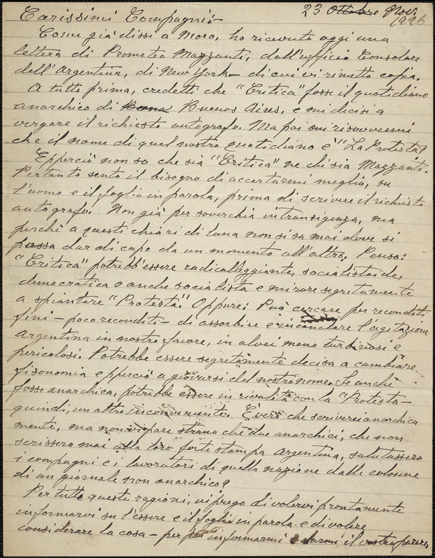 Bartolomeo Vanzetti autographed letter signed to Carissimi Compagni [Sacco-Vanzetti Defense Committee], [Charlestown], 23 November 1926