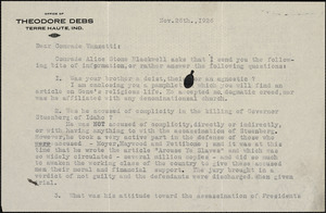 Theodore Debs typed letter signed to Bartolomeo Vanzetti, Terre Haute, Ind., 26 November 1926