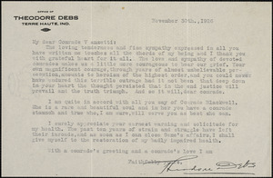 Theodore Debs typed letter signed to Bartolomeo Vanzetti, Terre Haute, Ind., 11 November 1926