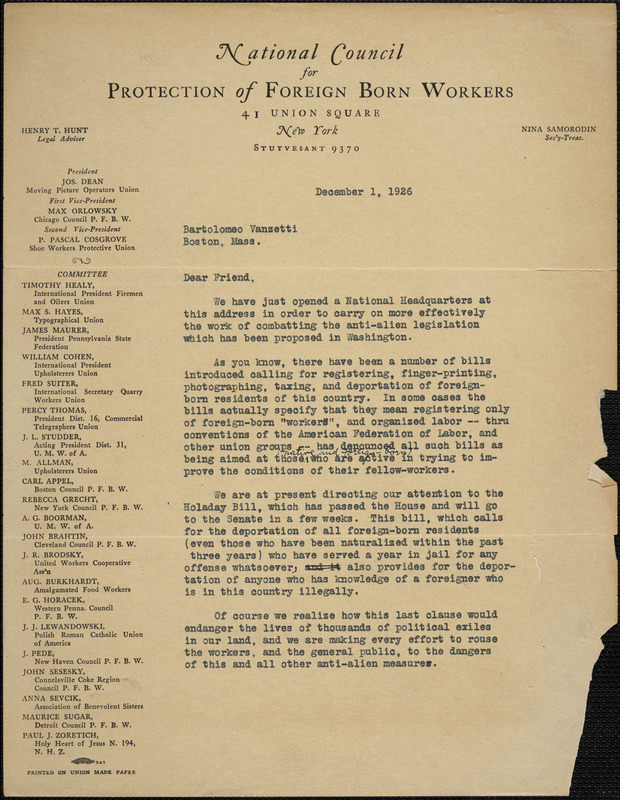 National Council for Protection of Foreign Born Workers typed letter (form letter) to Bartolomeo Vanzetti, 1 December 1926