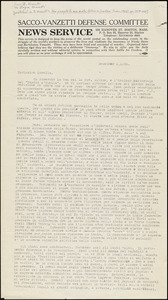 Bartolomeo Vanzetti typed manuscript letter to Luigia Vanzetti, [Charlestown], 5 December 1926