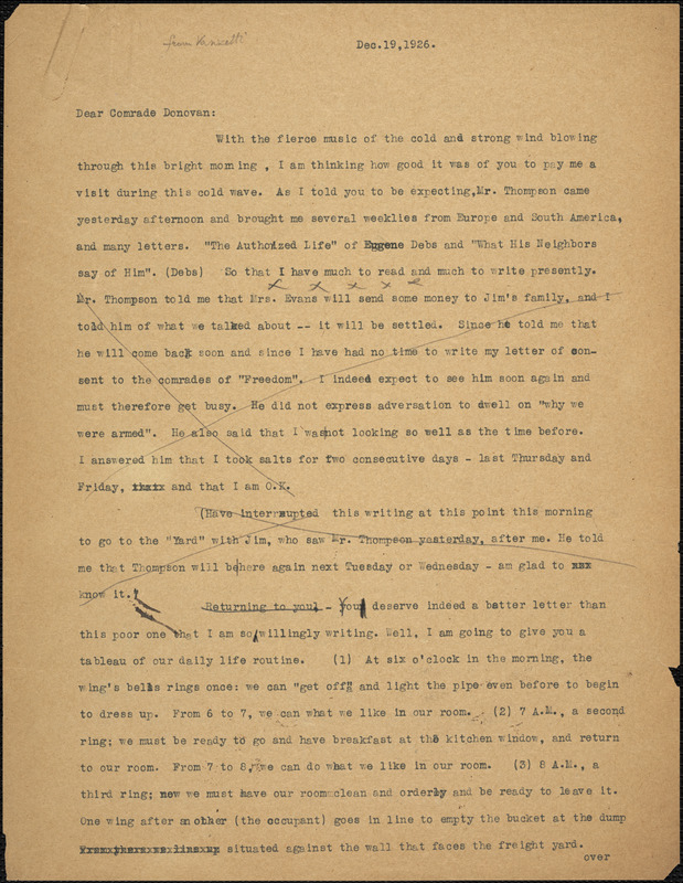 Bartolomeo Vanzetti typed letter (copy) to Mary Donovan, [Charlestown], 19 December 1926
