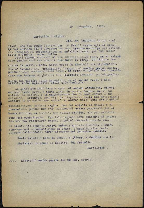 Bartolomeo Vanzetti typed letter (copy) to Luigia Vanzetti, [Charlestown], 19 December 1926