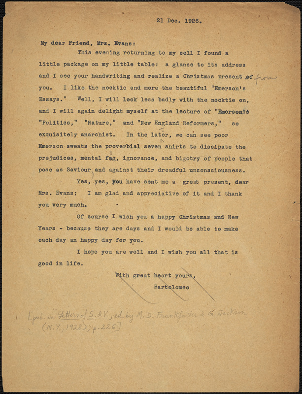 Bartolomeo Vanzetti typed letter (copy) to Elizabeth Glendower Evans, [Charlestown], 21 December 1926