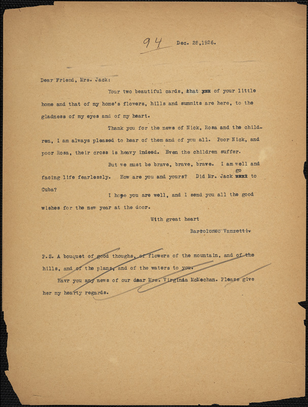 Bartolomeo Vanzetti typed letter (copy) to Cerise Jack, [Charlestown], 28 December 1926