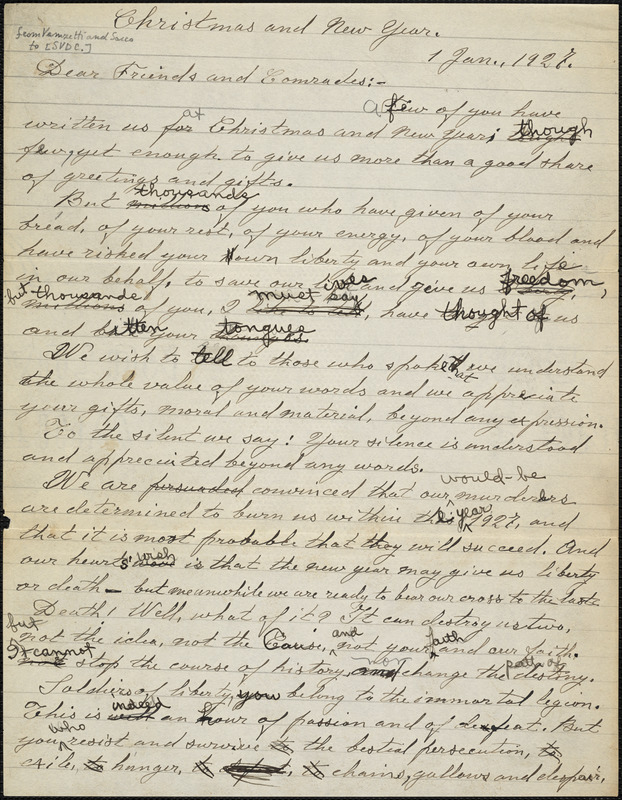 Bartolomeo Vanzetti autograph letter to Friends and Comrades [Sacco-Vanzetti Defense Committee], [Charlestown], 1 January 1927