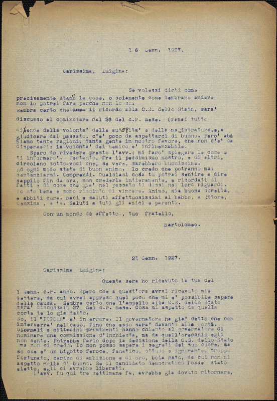 Bartolomeo Vanzetti typed letter (copy) to Luigia Vanzetti, [Charlestown], 16 January 1927 ; Bartolomeo Vanzetti typed letter (copy) to Luigia Vanzetti, [Charlestown], 21 January 1927