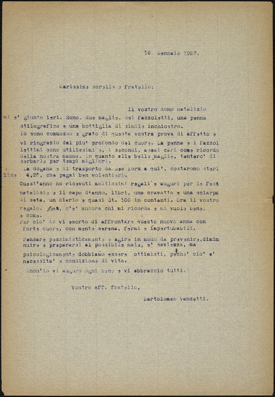 Bartolomeo Vanzetti typed letter (copy) to Luigia and Vincenzina Vanzetti and Ettore Vanzetti, [Charlestown], 16 January 1927
