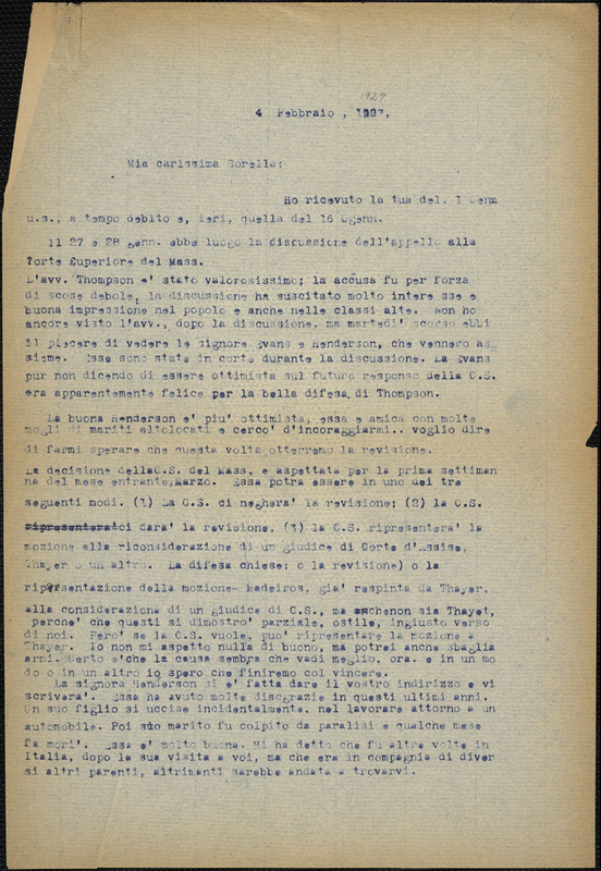 Bartolomeo Vanzetti typed letter (copy) to Luigia Vanzetti, [Charlestown], 4 February 1927