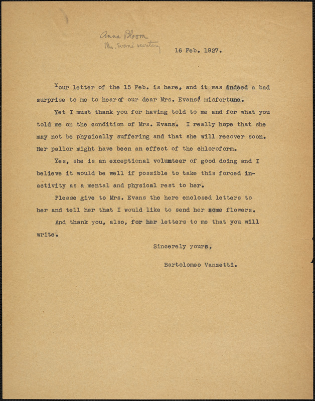 Bartolomeo Vanzetti typed letter (copy) to [Anna Bloom], 16 February 1927