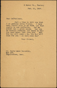 Elizabeth Glendower Evans typed note (copy) to Bartolomeo Vanzetti, Boston, 21 February 1927