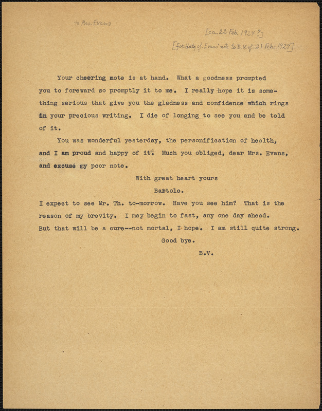 Typed note (copy) to Bartolomeo Vanzetti, [Charlestown, 22 February 1927?]