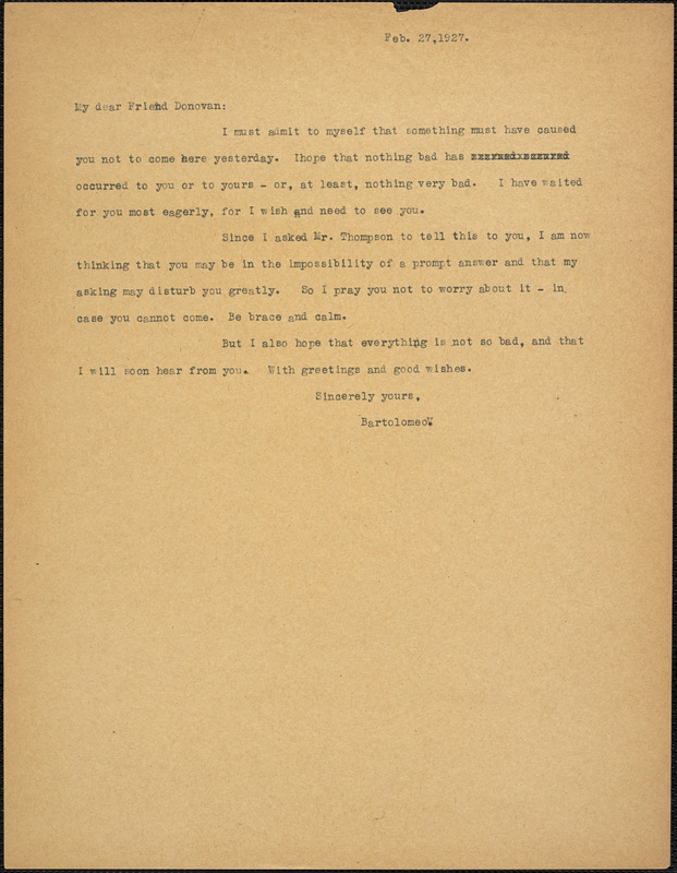 Bartolomeo Vanzetti typed note (copy) to Mary Donovan, [Charlestown], 27 February 1927