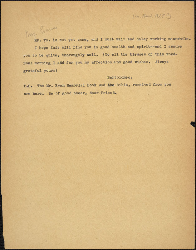 Bartolomeo Vanzetti typed note (copy) to [Elizabeth Glendower Evans], [Charlestown, March 1927?]