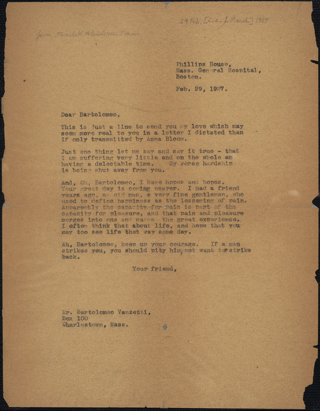 Elizabeth Glendower Evans typed letter (copy) to Bartolomeo Vanzetti, Boston, 1 March 1927