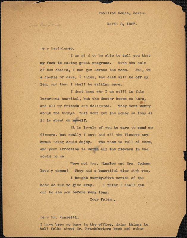 Elizabeth Glendower Evans typed letter (copy) to Bartolomeo Vanzetti, Boston, 8 March 1927