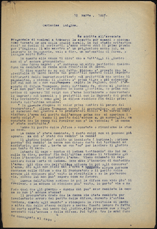 Bartolomeo Vanzetti typed letter to Luigia Vanzetti, [Charlestown], 10 March 1927