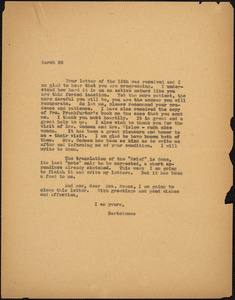 Bartolomeo Vanzetti typed letter (copy) to [Elizabeth Glendower Evans], [Charlestown], 22 March 1927