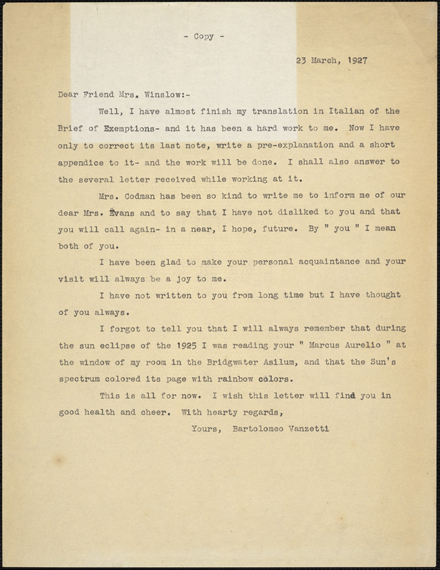 Bartolomeo Vanzetti typed letter (copy) to Gertrude L. Winslow, [Charlestown], 23 March 1927