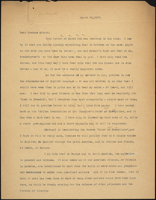 Bartolomeo Vanzetti typed letter (copy) to Leonard D. Abbott, [Charlestown], 29 March 1927