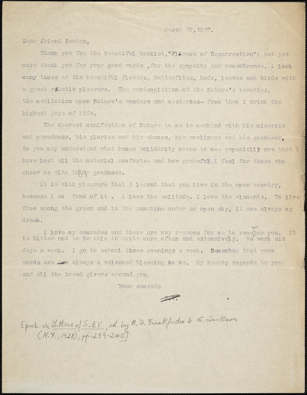 Bartolomeo Vanzetti typed letter (copy) to Irene Benton, [Charlestown], 29 March 1927