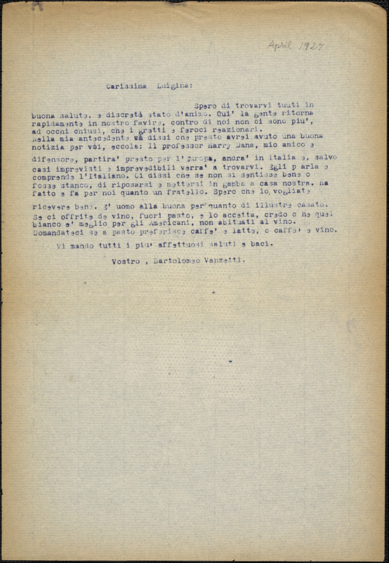 Bartolomeo Vanzetti typed letter (copy) to Luigia Vanzetti, [Dedham, 1927 April]