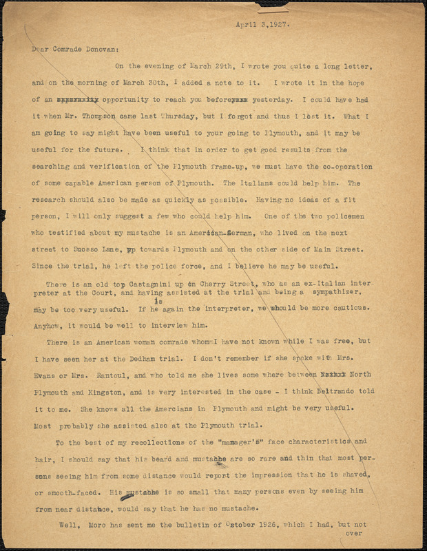 Bartolomeo Vanzetti typed letter (copy) to Mary Donovan, [Charlestown], 3 April 1927