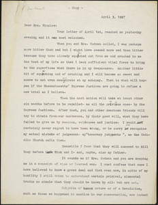 Bartolomeo Vanzetti typed letter (copy) to Gertrude L. Winslow, [Charlestown], 3 April 1927