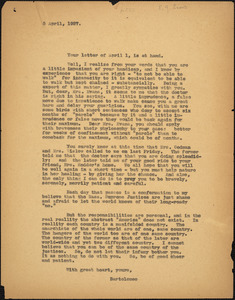 Bartolomeo Vanzetti typed letter (copy) to Elizabeth Glendower Evans, [Charlestown], 5 April 1927