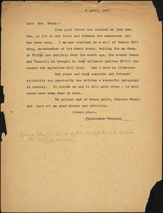 Bartolomeo Vanzetti typed letter (copy) to Elizabeth Glendower Evans, [Charlestown], 6 April 1927 ; Bartolomeo Vanzetti typed note (copy) to Elizabeth Glendower Evans, [Dedham], 13 October 1927