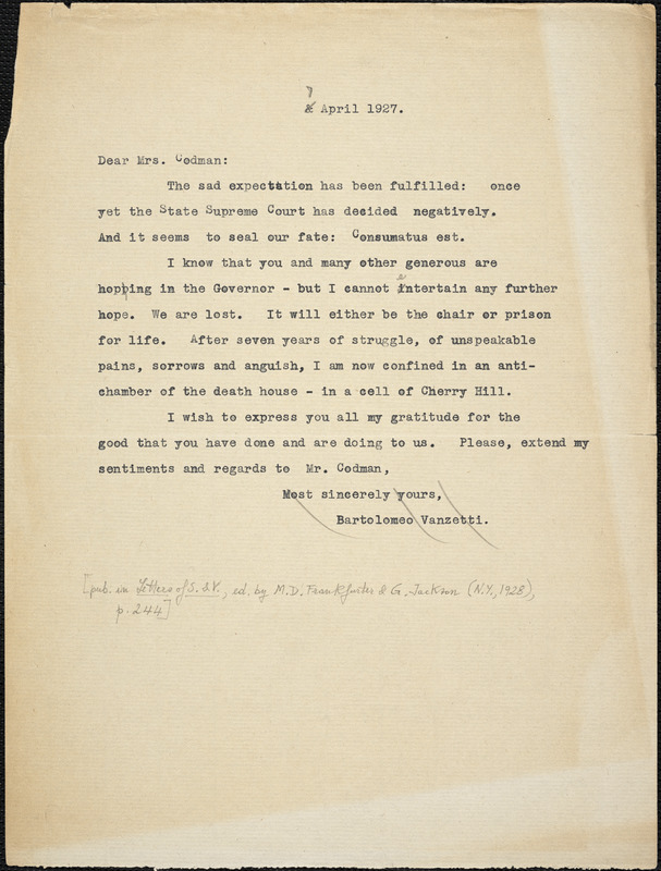 Bartolomeo Vanzetti typed letter (copy) to Katherine B. Codman, [Charlestown], 7 April 1927
