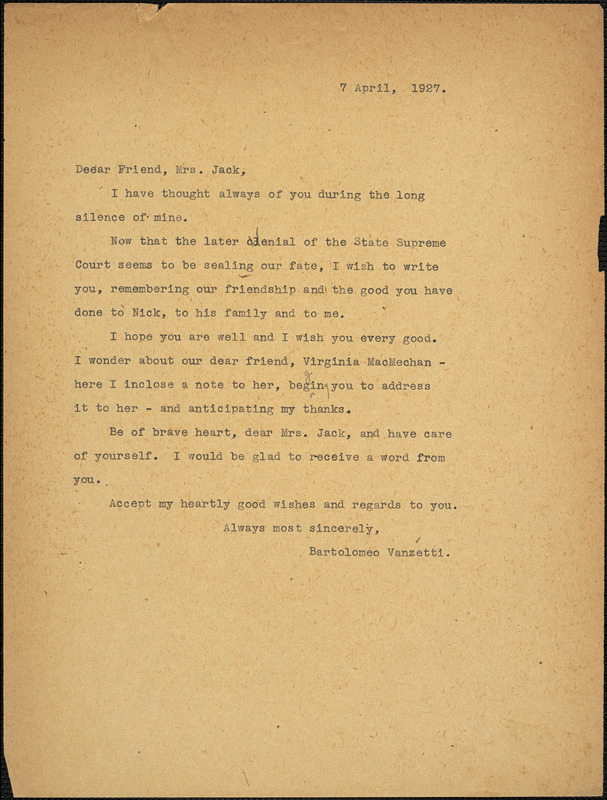 Bartolomeo Vanzetti typed letter (copy) to Cerise Jack, [Charlestown], 7 April 1927