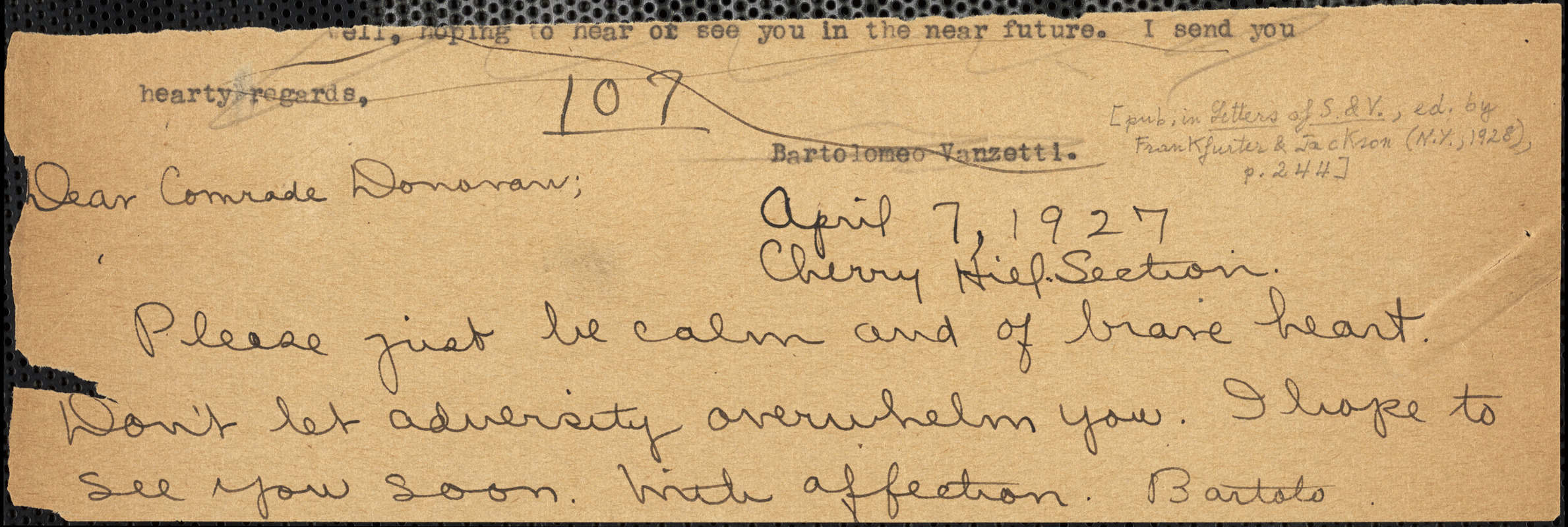 Bartolomeo Vanzetti manuscript note signed (copy) to Mary Donovan, [Charlestown], 7 April 1927