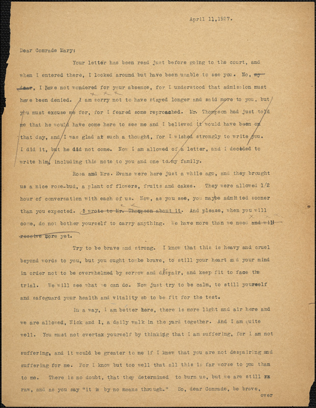 Bartolomeo Vanzetti typed letter (copy) to Mary Donovan, [Dedham], 11 April 1927