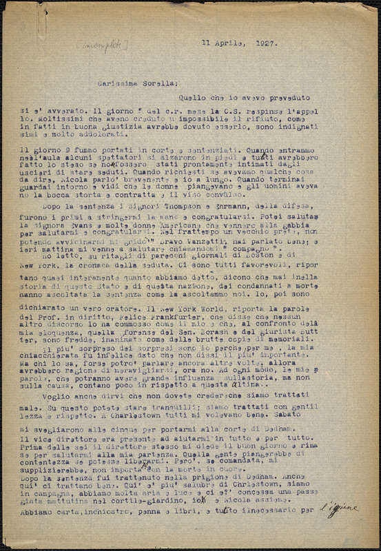 Bartolomeo Vanzetti typed letter (incomplete copy) to Luigia Vanzetti, [Dedham], 12 April 1927